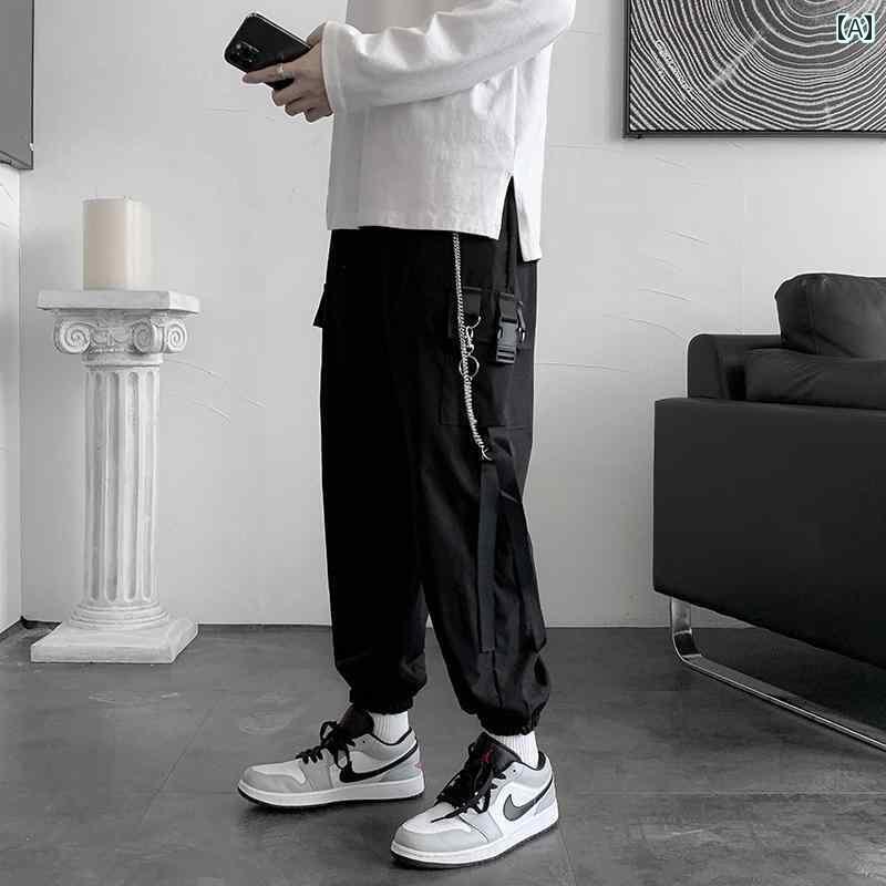 メンズ ズボン ボトムス パンツ おしゃれ ストリート ヒップ ホップ チェーン オーバー オール ストリート トレンド BF レッグ カジュアル 九分丈