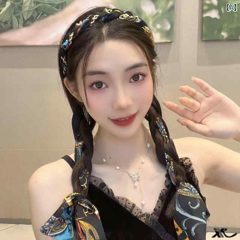 ヘアバンド レディース おしゃれ レトロ チェーン ツイスト アクセサリー カチューシャ かわいい リボン リゾート 落ちにくい 旅行 青 黒 オレンジ