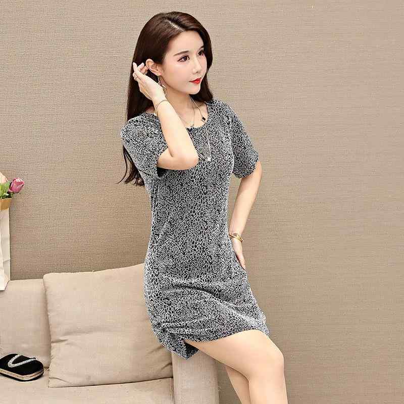 レディース ファッション 夏 ひんやり 涼しい 半袖 小柄 Tシャツ ドレス 薄手 涼しい スリム 体型カバー ヒョウ柄 ブルー ドレス