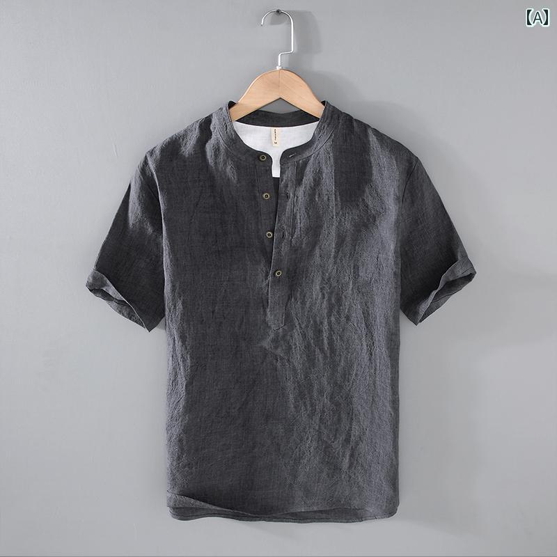 トップス メンズ ファッション 半袖 夏 チャイナ風 スタンドカラー ひんやり リネン Tシャツ 薄手 涼しい 綿 リネン ポロ カラー シャツ