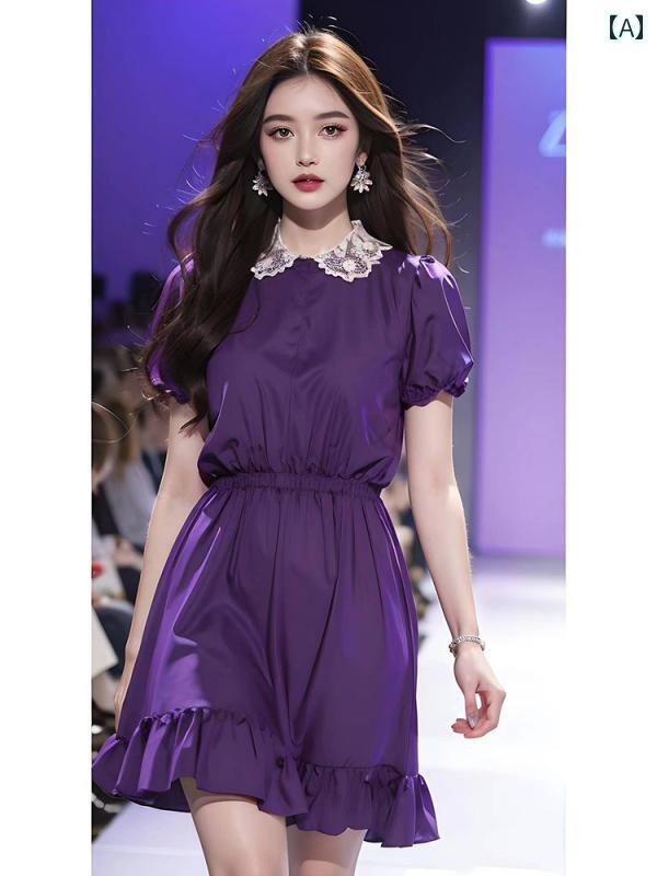 レディース ファッション 精巧 人形 襟 紫 半袖 ドレス 夏 ティー ブレイク フランス スカート