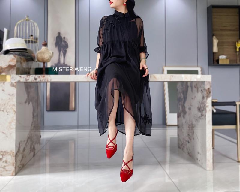 レディース ファッション スリム 少女 風 刺繍 ジョーゼット 中国 バックル チャイナ ドレス スカート