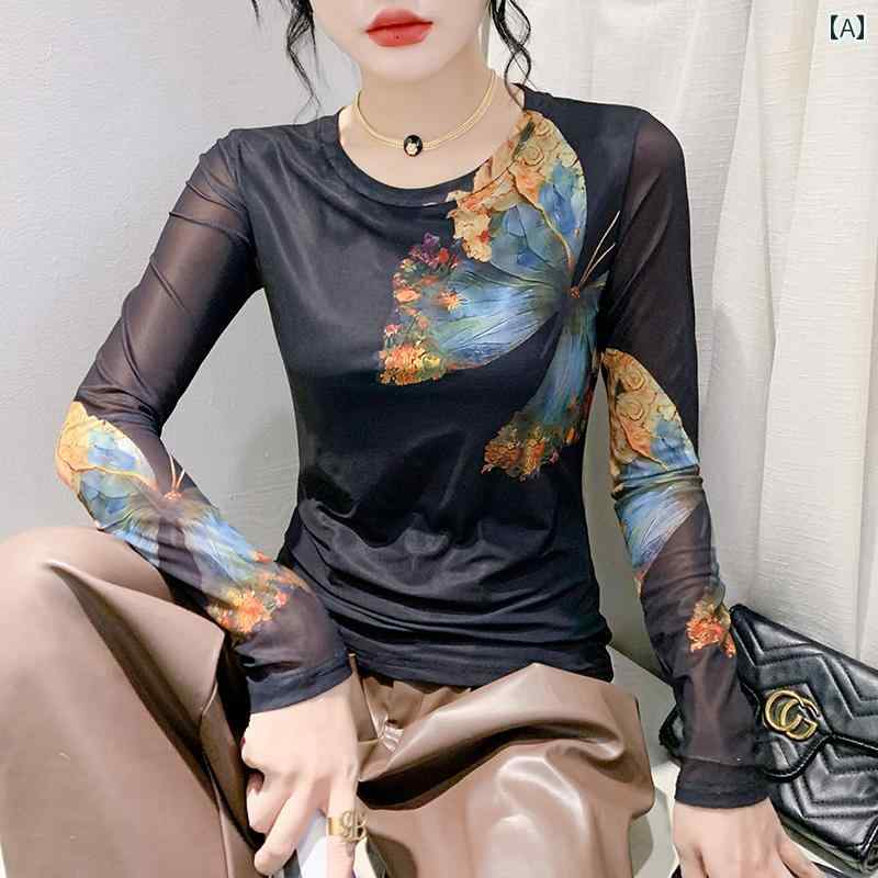 レディース トップス カジュアル おしゃれ ファッション プリント メッシュ Tシャツ 秋冬 ス 母 長袖 シャツ