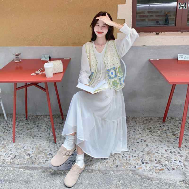 レディース ファッション カジュアル おしゃれ デート 女子会 普段使い 初秋 コーデ フレンチ 風 素敵 ニット ベスト 白 長袖 ワンピース 2点 セット