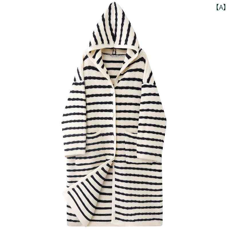 アウター レディース カジュアル おしゃれ 上品 普段使い レトロ ロング ストライプ フード セーター コート 秋冬 レングス ゆったり ニットカーディガン 厚手