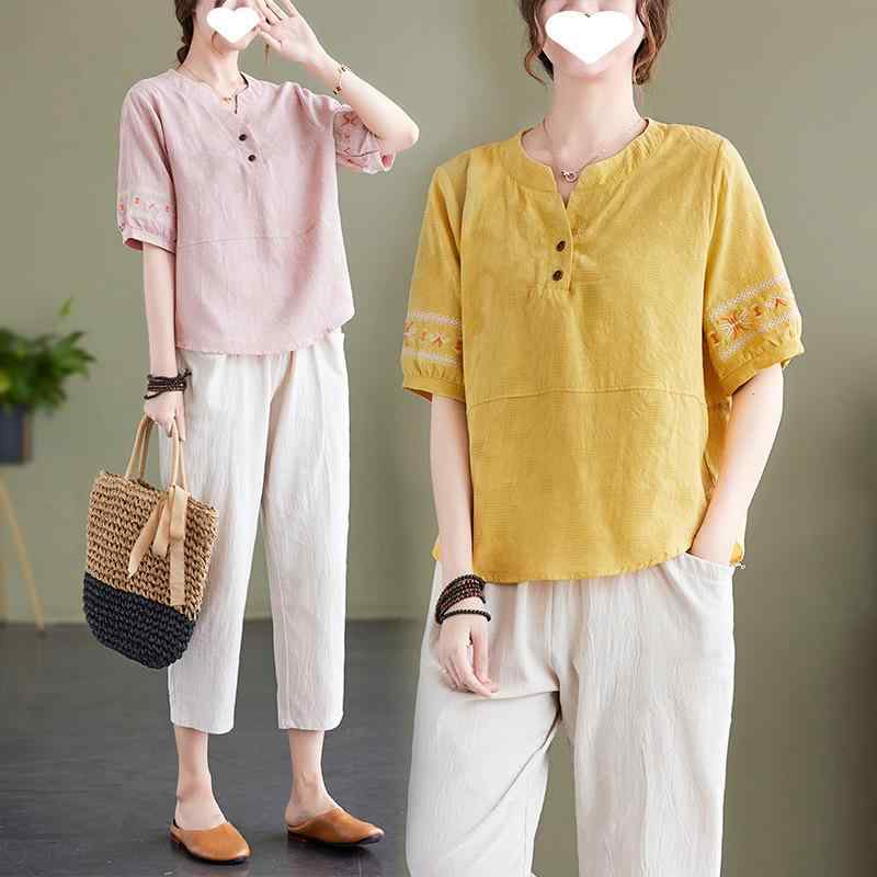 セットアップ ミセス 女性用 綿麻 半袖 Tシャツ ゆったり 刺繍 切り替え 夏 エスニック レトロ カジュアル おしゃれ 普段使い