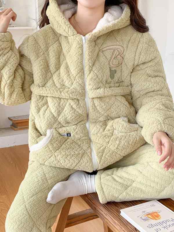 授乳パジャマ 妊婦用 産後服 秋冬 長袖 長パンツ セット フランネル 三層 厚手 綿入れ 調整可能 かわいい カートゥーン柄 日韓カジュアル 緑 ピンク