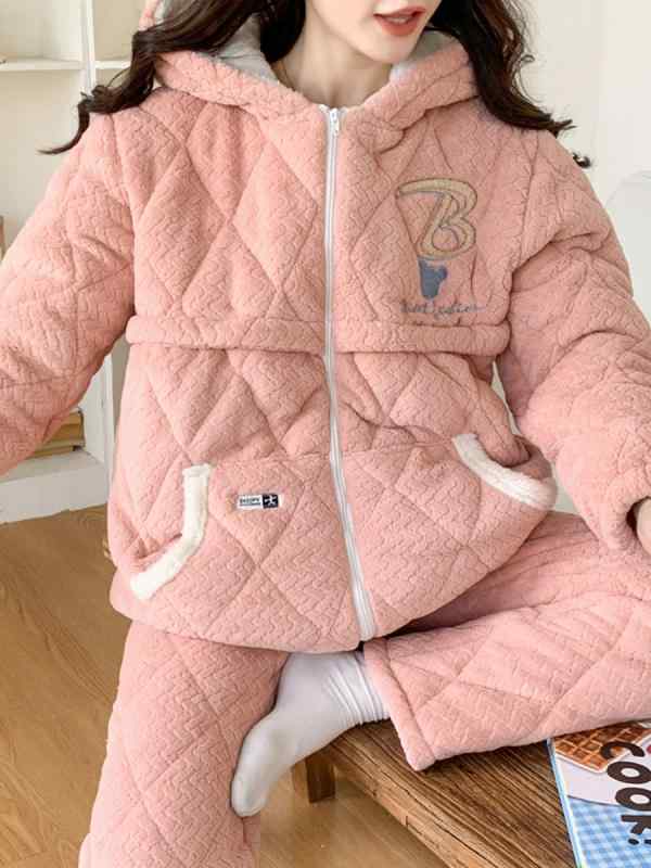 授乳パジャマ レディース 妊婦 産後 待産 妊娠期 秋冬 フランネル 三層 厚手 綿入 長袖 ロングパンツ セット かわいい アニメプリント ピンク グリーン 保温性 柔らかい 部屋着 日韓スタイル