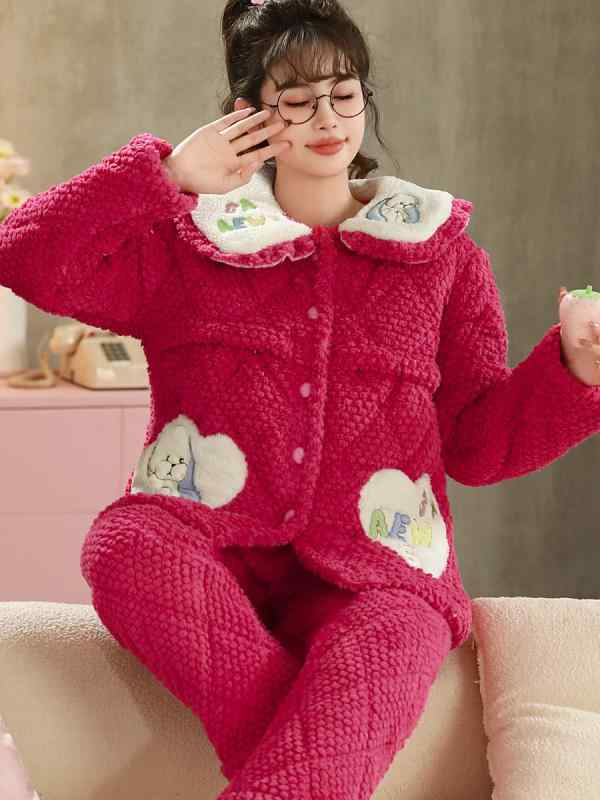 授乳パジャマ レディース 妊婦 産後 秋冬 長袖 ロングパンツ セット フランネル 厚手 綿入り 三層構造 ポリエステル かわいい ウサギ クマ 柄 ピンク ローズ 日韓 カジュアル
