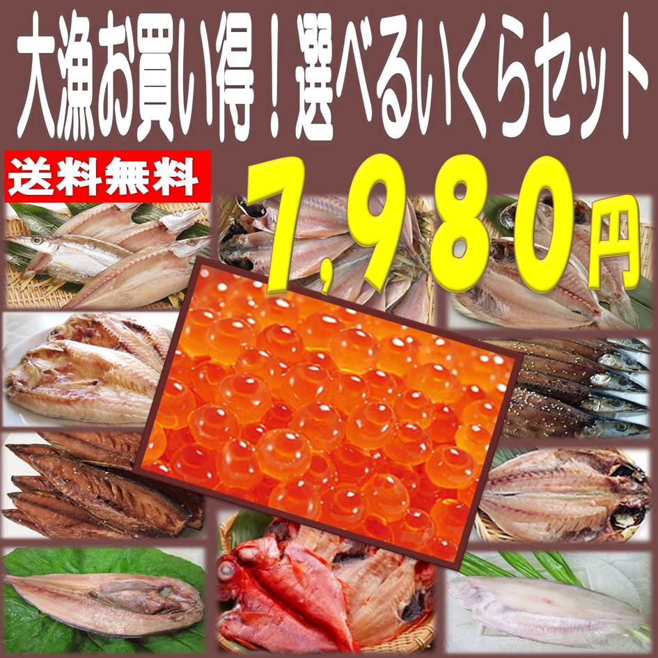 《敬老の日に感謝を込めて！残暑お見舞いに、贈って喜ばれる当店人気の商品！》★メガ盛りマスコいくら醤油漬けと選べる干物セット★いくら+10種類の干物 （金目鯛・ホッケ・鯵開き他）の中から3点チョイス。敬老の日ギフト注目度アップ商品！
