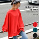 \クーポンで⇒49%OFF!!/バルーン袖テールカットカットソー ボリューム袖 ライトスウェット レディース トップス トレーナー スエット チュニック 無地 ゆったり 長袖 大きいサイズ ドロップショルダー 大きめ バルーンスリーブ プルオーバー 秋冬 メール便