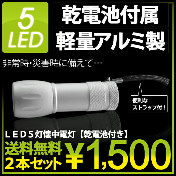 【緊急販売】LED5灯 懐中電灯 ハンディライト 2本セット【乾電池付き】軽量アルミ製 長寿命 非常用