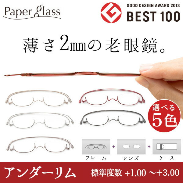 薄さ2mmの老眼鏡ペーパーグラス【アンダーリム／標準度数 +1.00〜+3.00 】通常ク…...:paperglass:10000002