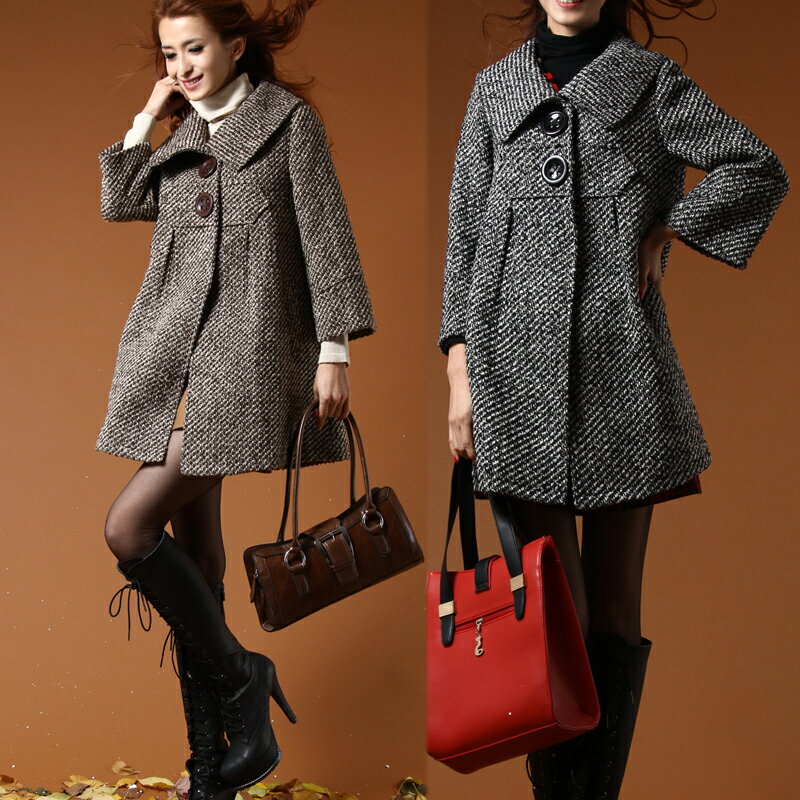 送料無料/レトロ/ウールツイードコート/グレー/ブラウン/大きいサイズ有り/S〜3L/