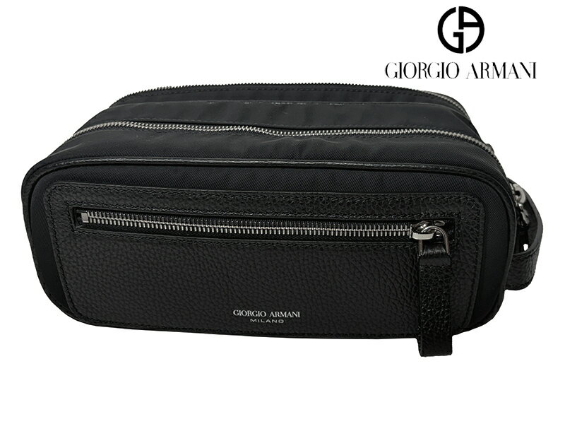 ジョルジオ アルマーニ セカンドバッグ GIORGIO ARMANI Y2R531 YI68E 80001 BLACK BEAUTY CASE 型押しロゴ入り ブラックレザーXブラックナイロン ダブルジッパー セカンドバッグ クラッチバッグ ビューティーケース