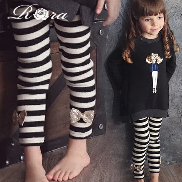 子供服Rora モメント ボーダー レギンス 子供服 子ども服 女の子 キッズ スパッツ ボ<strong>トムス</strong> パンツ ボーダー しましま カジュアル おしゃれ 可愛い 厚手 ジュニア 小学生 アシンメトリー ボ<strong>トムス</strong> リボン 秋 冬 白 黒 ブラック ホワイト 100 110 120 130 140