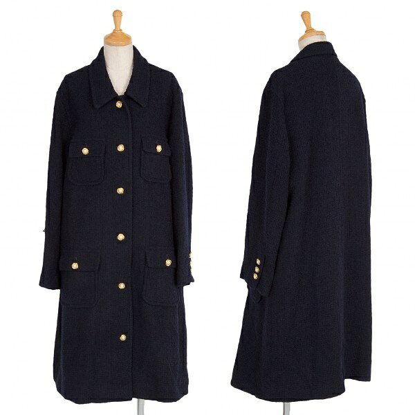 インゲボルグ INGEBORG デザインボタンウールツイードコート 紺M位