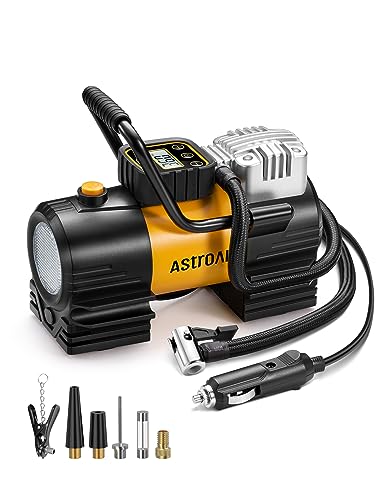 AstroAI エアコンプレッサー タイヤ 空気入れ 自動車用 電動空気入れ 150PSI DC12V シガーソケット接続式 高輝度LEDライト 自動停止 ポータブルで万能 空気入れ 4種類表示単位 英式/仏式/米式ノズル 全バルブ対応 バイク/自動車/自転車/ママチャリ/ボール/浮輪適用