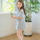 ワンピース ミニワンピース ワンピースチュニック ミニワンピ 5分袖 ミニ丈 ショート丈 Aライン フレアスリーブ ラウンドネック 肩出し 星柄 スター ストライプ ティアドロップ 背中ボタン 可愛い キッズ 子供服 子ども服 高学年 中学生 ジュニア