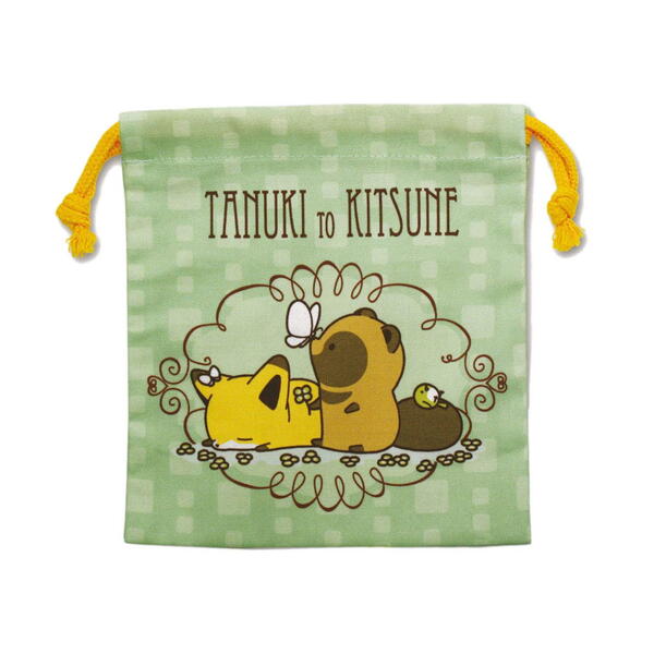タヌキとキツネ　巾着（蝶々とタヌキ） TK-KI002　Tanuki to Kitsune