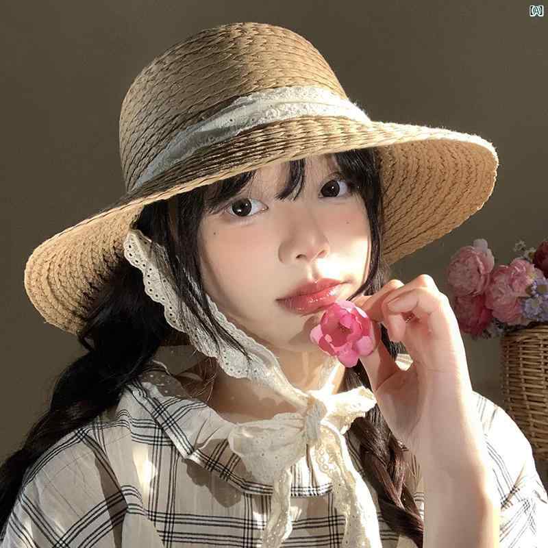 レース 蝶 ネクタイ 編組 麦わら 帽子 レディース 夏 つば広 日焼け防止 海辺 ビーチ 太陽