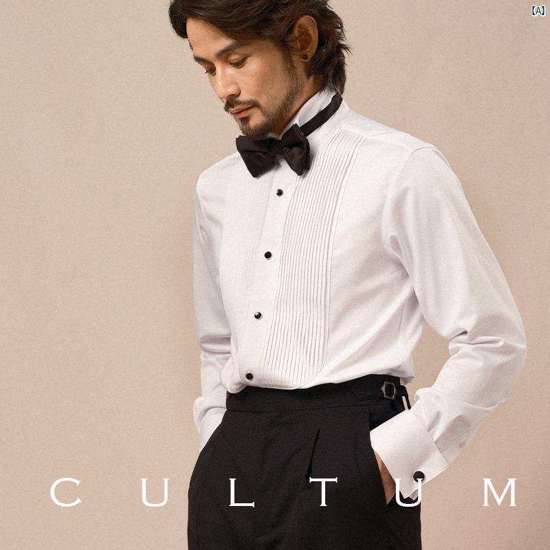 CULTUM ONE DAY フレンチ 折り返し カフス ウィングカラー パーティー ドレス シャツ メンズ 長袖 アコーディオン プリーツ