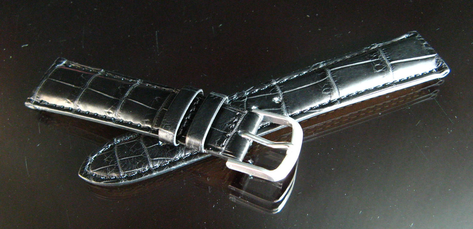 最高級クロコダイル革時計ベルト・竹符　ブラック　16ミリ〜20ミリ《オイルマット仕上げ》