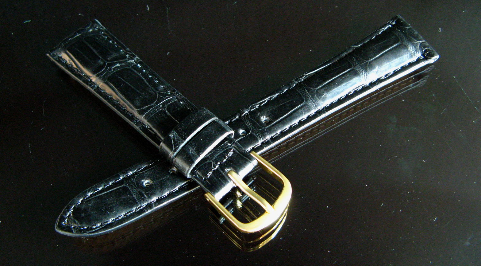 最高級クロコダイル革時計ベルト・竹符　ブラック　18ミリ-14ミリ尾錠《オイルマット仕上げ》