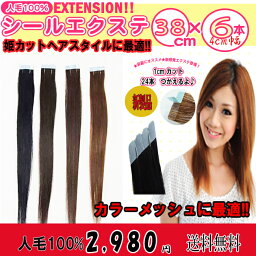 人毛100%<strong>シールエクステ</strong>38cm　6本セット（1本約2.4g）♪**2cm幅でカットすれば2倍の12本**1cm幅では24本小分けして使用できます。♪SL-038【エクステンション　エクステ <strong>シールエクステ</strong>　人毛<strong>シールエクステ</strong>　人毛　ボンド】