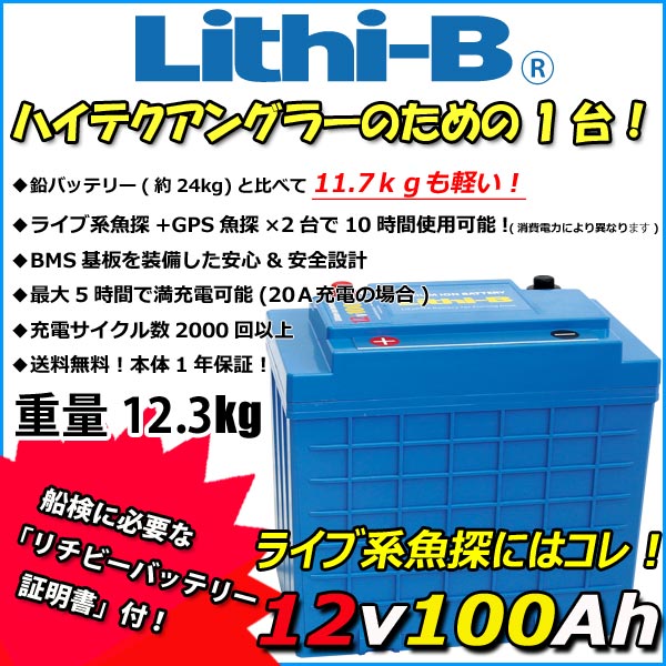 感謝価格！ リチビー(<strong>Lithi-B</strong>) リチウムバッテリー <strong>12V100Ah</strong> LiFePO4 (リン酸鉄リチウムイオンバッテリー) 【送料無料】【5000台突破】