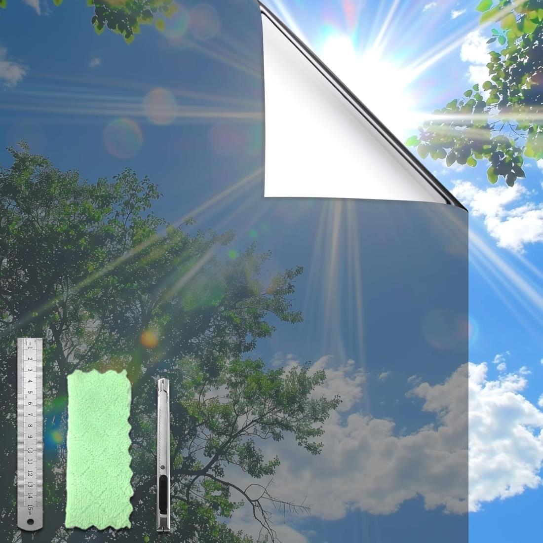 DUOFIRE 窓断熱シートマジックミラー 窓用フィルム UVカットフィルム 窓遮熱シート 窓ガラス目隠しフィルム 遮熱遮光 断熱効果 目隠しシート フィルム ミラー 水で貼る 剥がせる めかくしシート 飛散防止 ガラスフィルム窓ガラス（ 44x400cm/シルバーグレー）