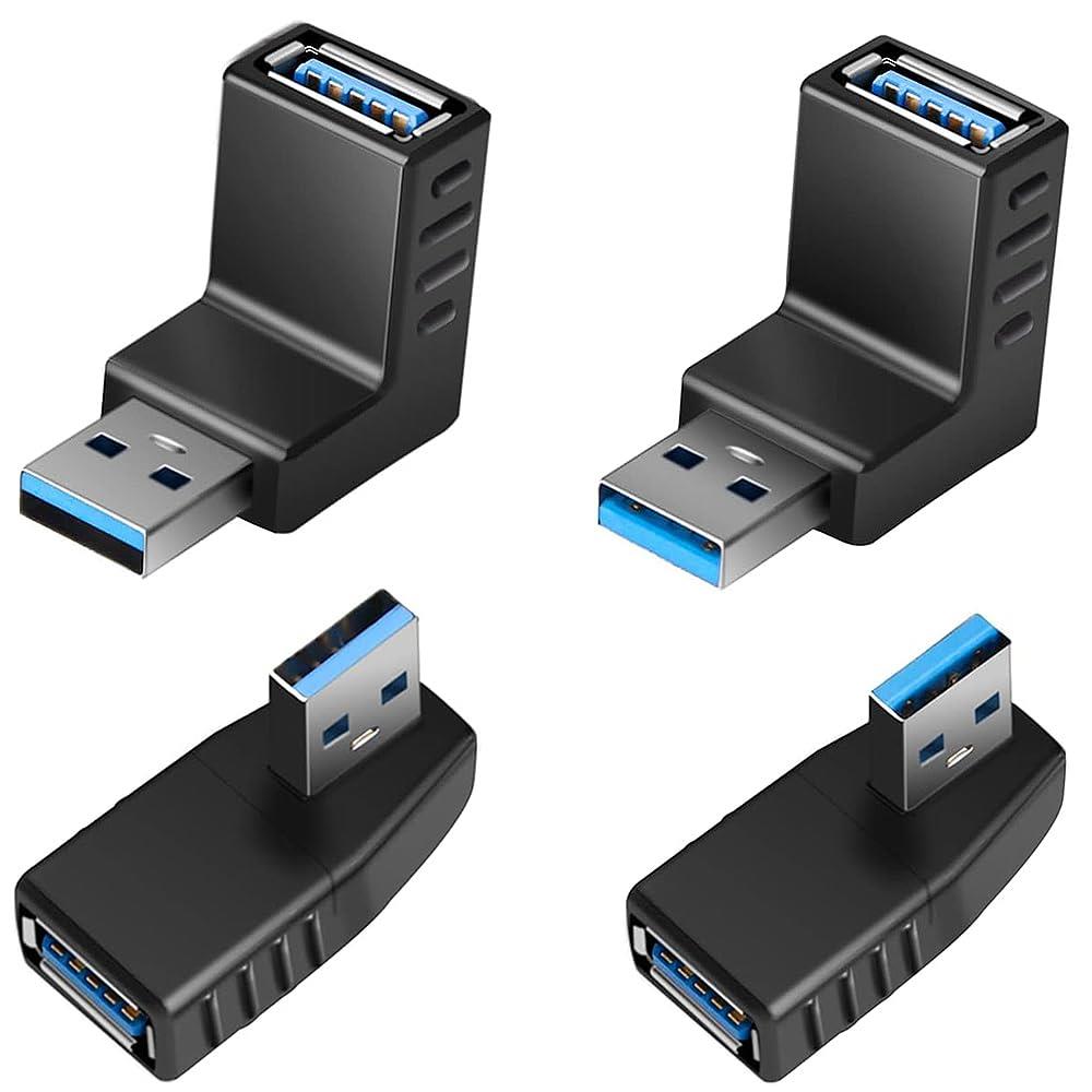 USB3.0アダプタ L型 Type オス メス 直角 変換タイプA 上向き 高速 5Gbps 左向き 右向き 下向き 方向90度 4個セット 延長電源データ ビデオアダプター