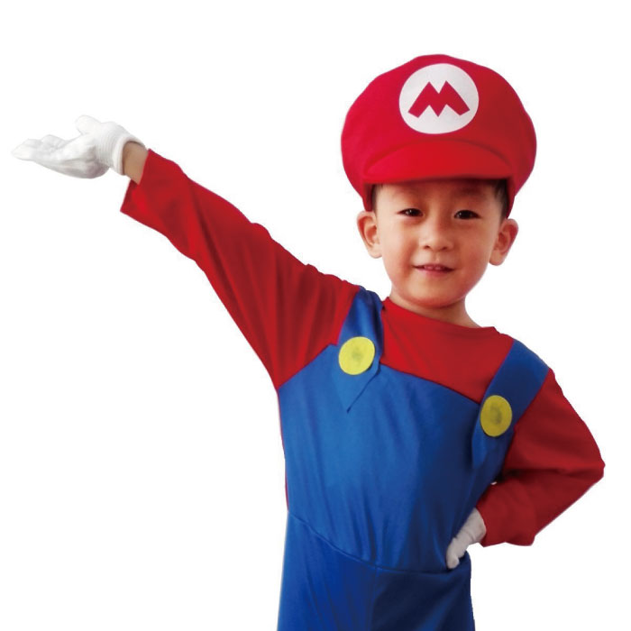 マリオ ルイージ コスチューム 子供 コスプレ 衣装＋帽子＋つけヒゲ+手袋 4点セット