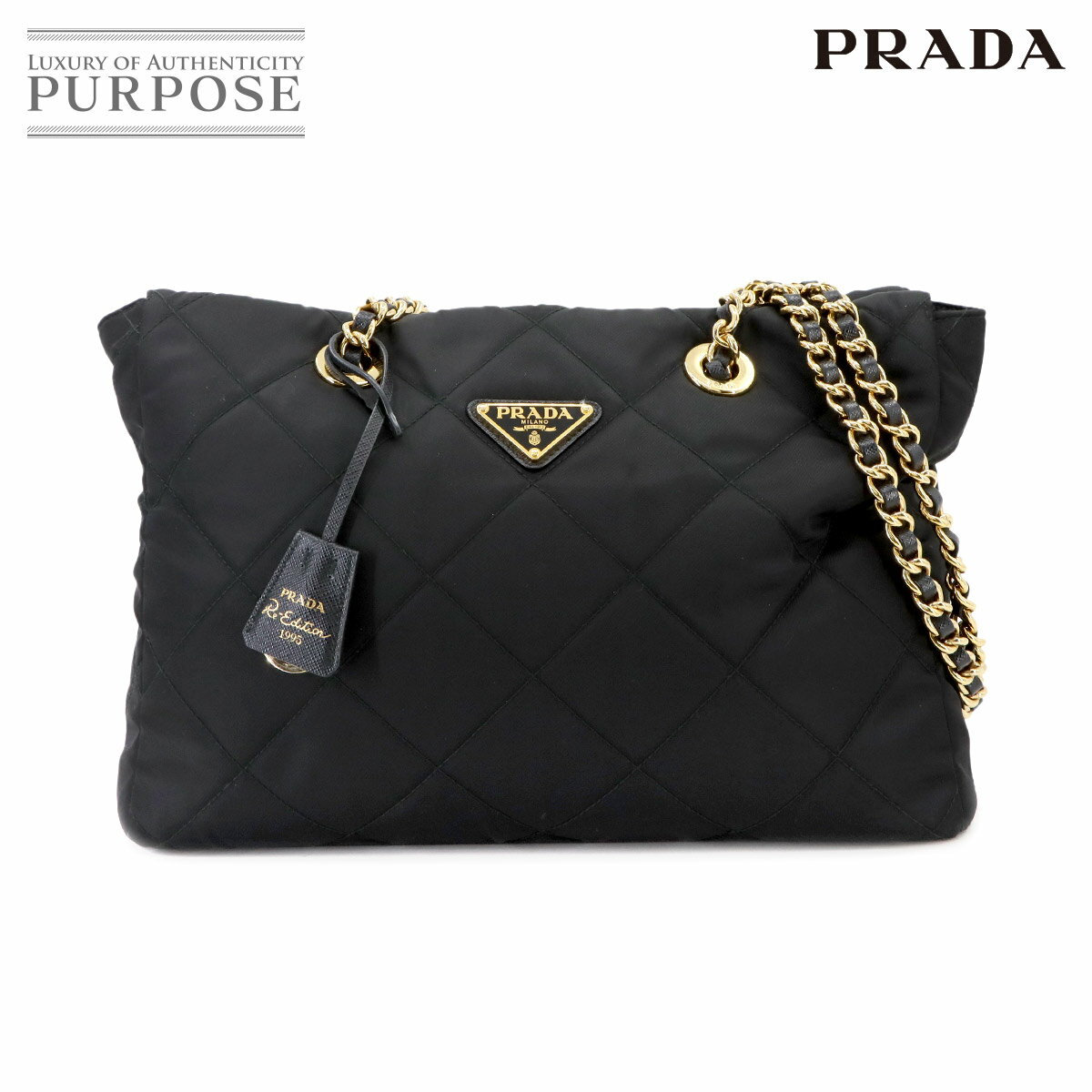 【新品同様】 プラダ PRADA Re-Edition 1995 チェーン ショルダー バッグ ナイロン サフィアーノレザー ブラック 1BG529 ゴールド 金具 Shoulder Bag 【中古】