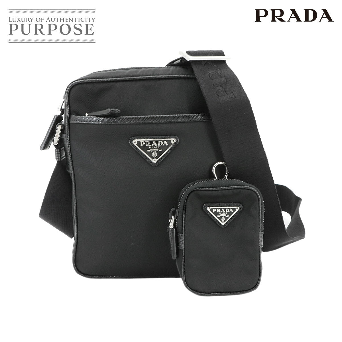 【未使用 展示品】 プラダ PRADA ショルダー バッグ ナイロン サフィアーノレザー ネロ 2VH112 シルバー 金具 ブラック Shoulder Bag 【中古】