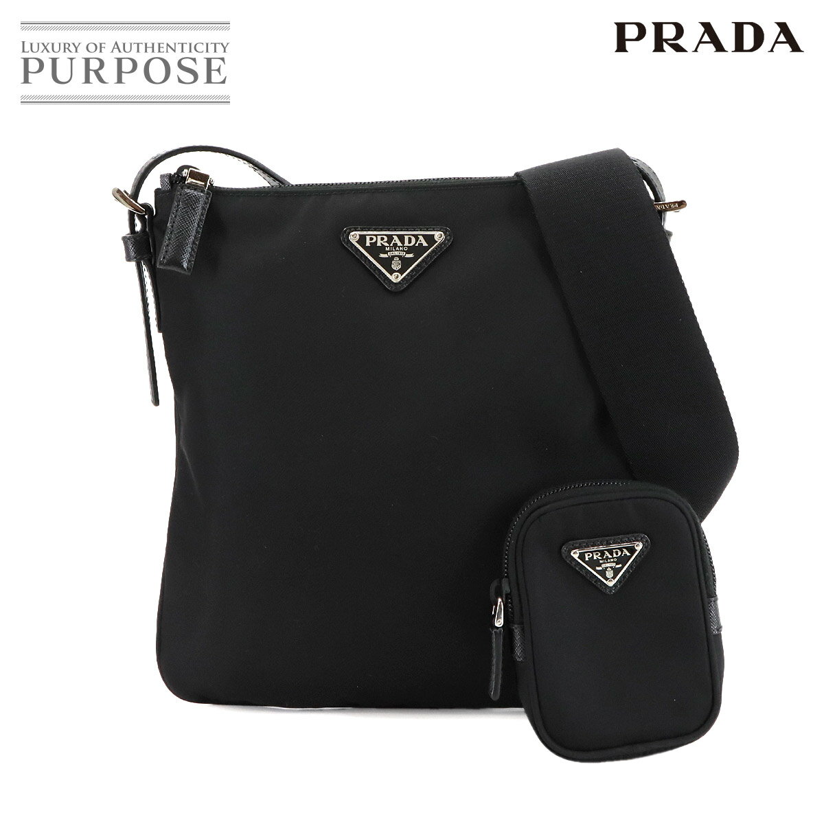 【未使用 展示品】 プラダ PRADA ショルダー バッグ ナイロン サフィアーノレザー ネロ 2VH124 シルバー 金具 ブラック Shoulder Bag 【中古】