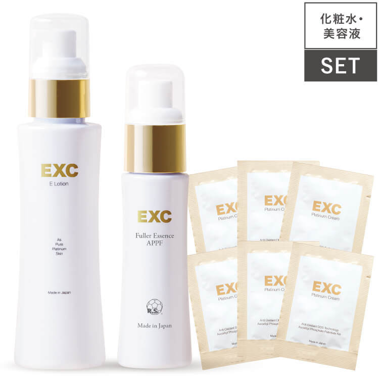 【セット割引 5％OFF】 APPSプラスEローション 高配合 EXC Eローション＆フラーエッセンスAPPF セット + 濃厚保湿 プラチナクリームお試し6包付き フラーレン ビタミンC誘導体 ビタミンE誘導体 APPS TPNa アプレシエ 化粧水 美容液 apps＋e ナールスゲン