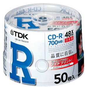 TDK データ用CD−R（48倍速記録対応）　インクジェットプリンタ対応　50枚パック　ポットケース CD−R80PWDX50PB合計5,000円以上で日本全国送料無料！更に代引き手数料も無料。
