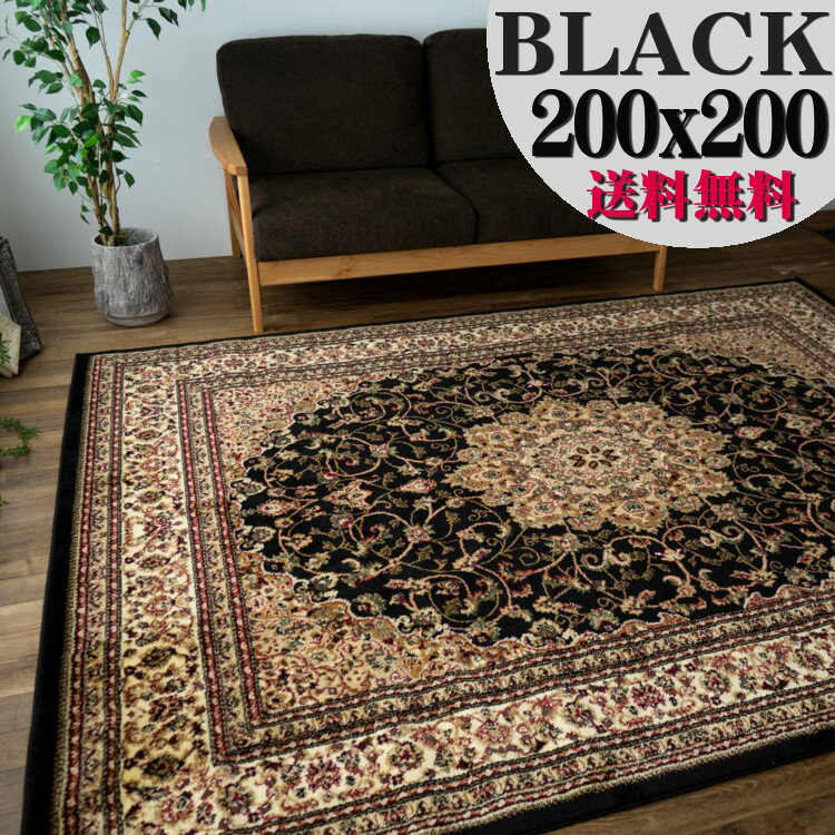 ラグ 絨毯 ブラック 黒 直輸入！トルコ製のお得な 絨毯 2畳 じゅうたん 200×200cm 送料無料 ウィルトン織り ヨーロピアン ラグ カーペット ラグマット 正方形 ホットカーペットカバー にも