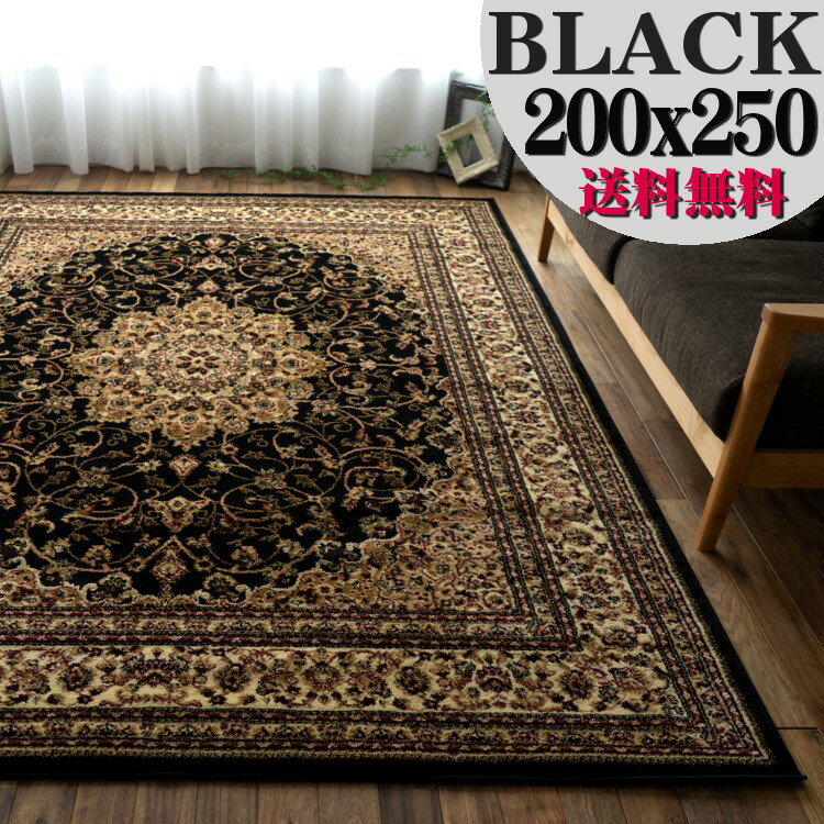 ラグ 絨毯 ブラック 黒 直輸入！トルコ製のお得な 絨毯 3畳 じゅうたん 200×250cm 送料無料 ウィルトン織り ヨーロピアン ラグ カーペット ラグマット 長方形 ホットカーペットカバー にも