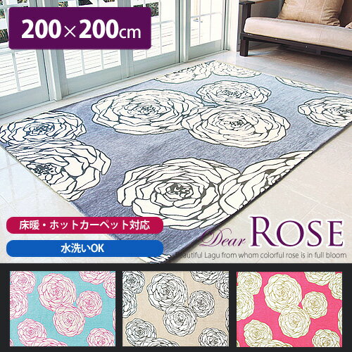 【ホットカーペット・床暖房対応】【水洗いOK】可憐なバラ柄の上品ラグ【Dear Rose/ディア ローズ】【200×200cm】【送料無料】(代引き不可)【Aug08P3】