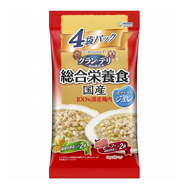 ユニチャーム グラン・デリ <strong>総合栄養食</strong>国産パウチ <strong>ジュレ</strong>成犬用緑黄色野菜入り×<strong>ビーフ</strong>入り 65g×4袋