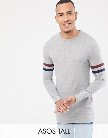 エイソス メンズ Tシャツ トップス ASOS DESIGN Tall muscle fit longline long sleeve t-shirt with contrast sleeve stripe in gray marl Grey marl