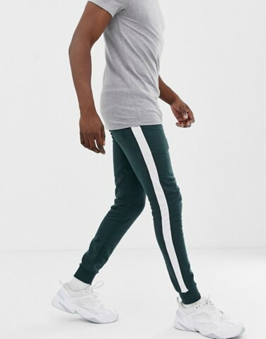 エイソス メンズ カジュアルパンツ ボトムス ASOS DESIGN super skinny joggers with side stripe in green Darkest spruce