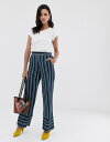 エスプリ レディース カジュアルパンツ ボトムス Esprit stripe wide leg pants in navy and green stripes Multi