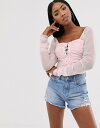 エイソス レディース シャツ トップス ASOS DESIGN Lace up front square neck top in sheer Pink