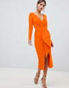 エイソス レディース ワンピース トップス ASOS DESIGN long sleeve waterfall deep plunge midi dress Orange