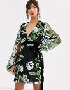 エイソス レディース ワンピース トップス ASOS DESIGN embroidered wrap mini dress with blouson sleeve and tie waist Black mesh floral