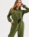 エイソス レディース ワンピース トップス ASOS DESIGN jersey tracksuit jumpsuit with button front Khaki