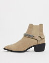 エイソス メンズ ブーツ・レインブーツ シューズ ASOS DESIGN stacked heel western chelsea boots in stone faux suede with chain detail and angular sole Stone